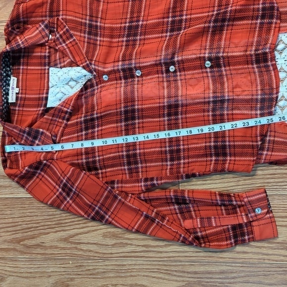 Altar'd State red plaid sheer roll-tab sleeve button-up blouse w/ lace panel, L - Picture 3 of 6